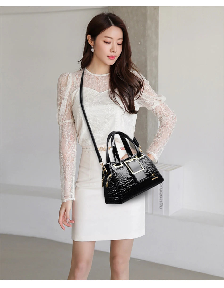 Luxury 2-Layer Crocodile Pattern Boston Tote – Designer Large Capacity Shoulder Handbag for Women