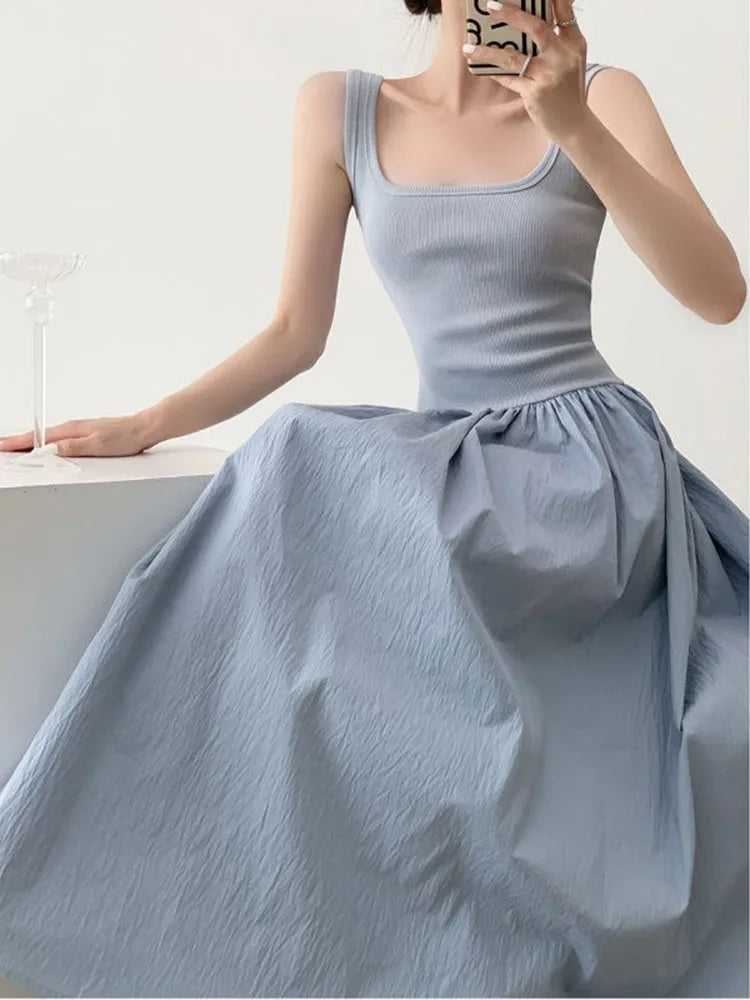 Square Neck Solid Casual Midi Vestido Feminino Tricot Azul com Alças Finas – Estilo Coreano, Patchwork, Sensual e Elegante