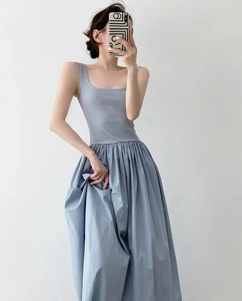 Square Neck Solid Casual Midi Vestido Feminino Tricot Azul com Alças Finas – Estilo Coreano, Patchwork, Sensual e Elegante