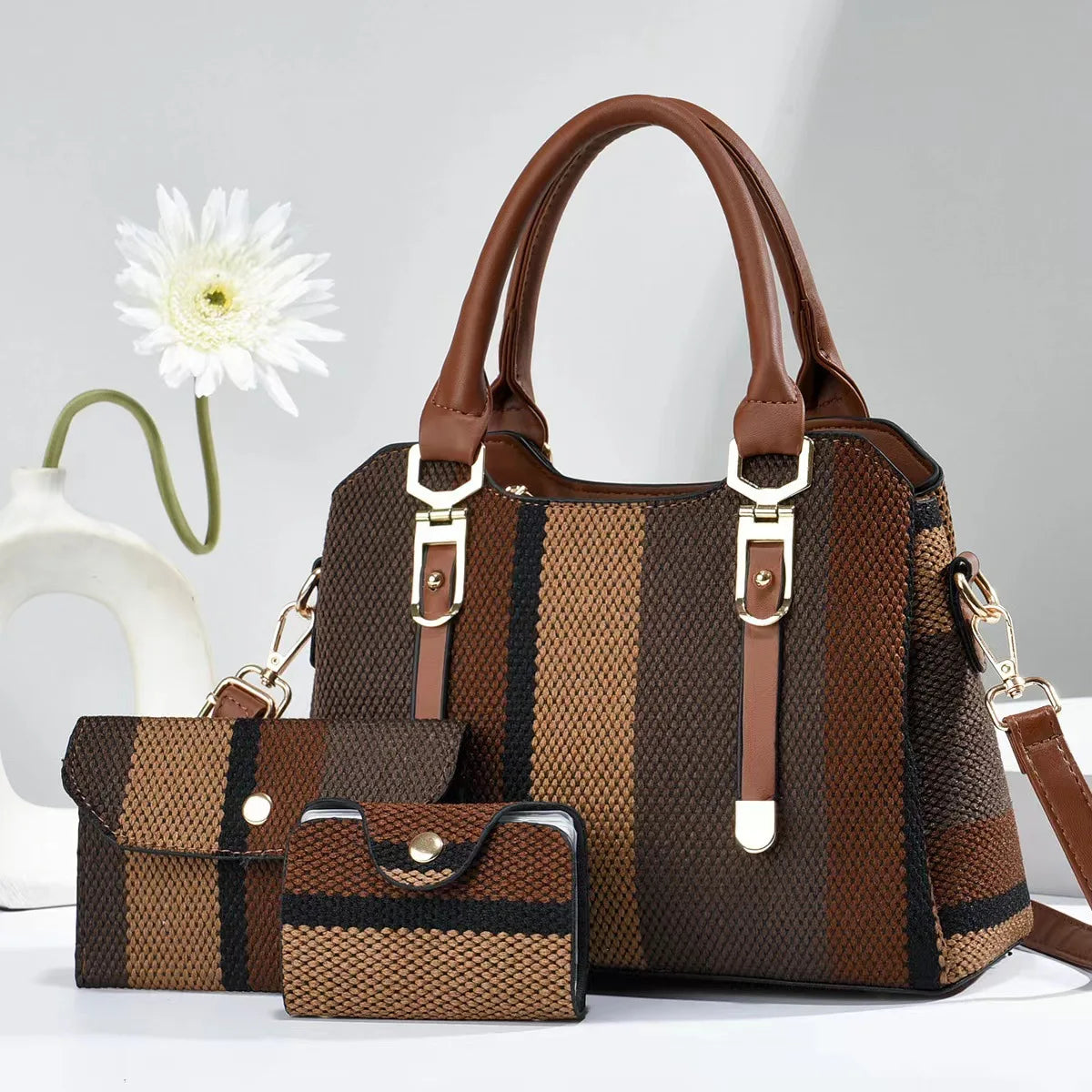 Luxury Striped Designer Handbag with Matching Wallet – Elegant Large-Capacity Shoulder & Crossbody Bag