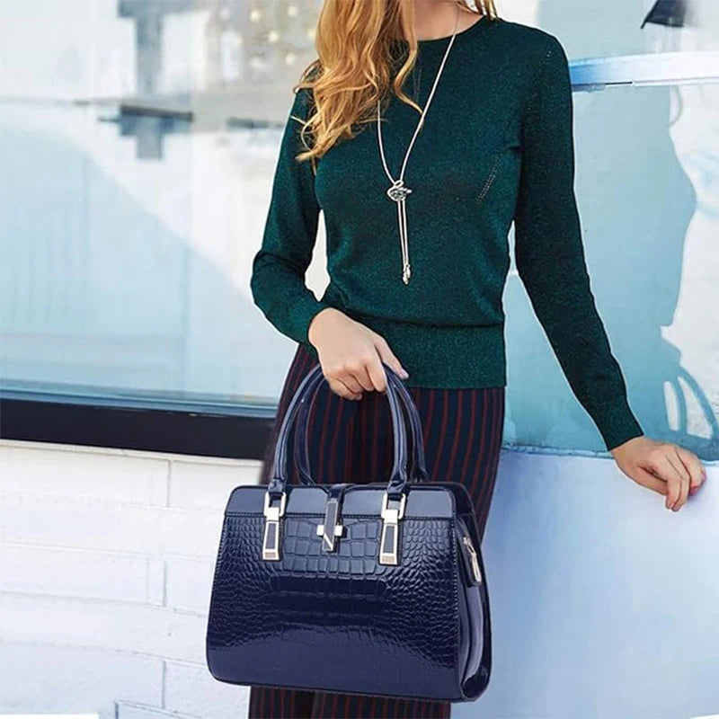 Luxury 2-Layer Crocodile Pattern Boston Tote – Designer Large Capacity Shoulder Handbag for Women