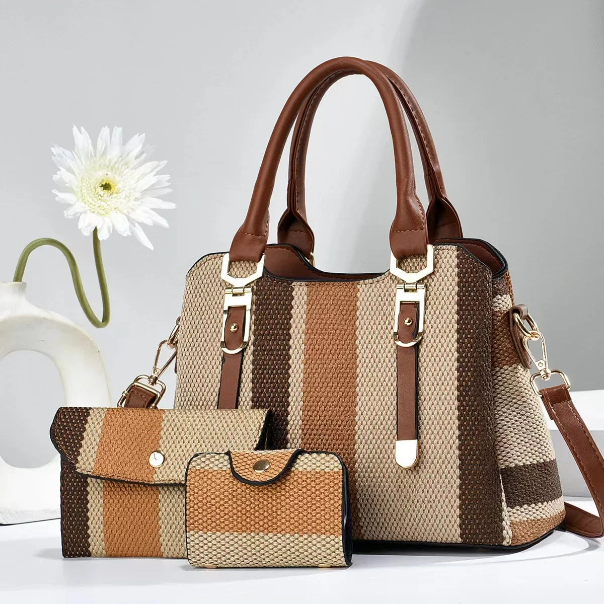 Luxury Striped Designer Handbag with Matching Wallet – Elegant Large-Capacity Shoulder & Crossbody Bag