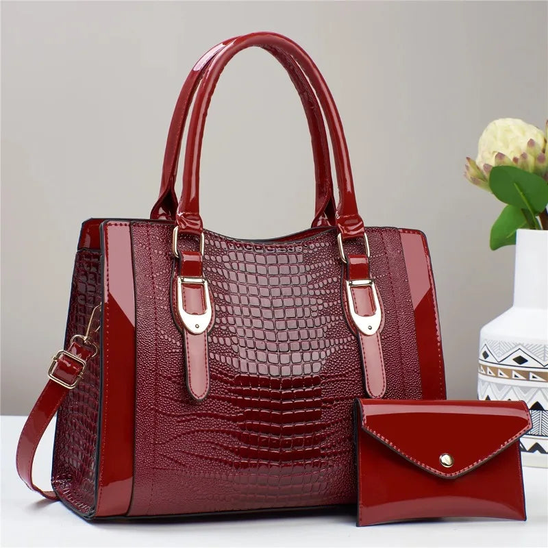 2-Piece Glossy Crocodile Pattern Handbag Set – Tote & Crossbody with Mini Purse
