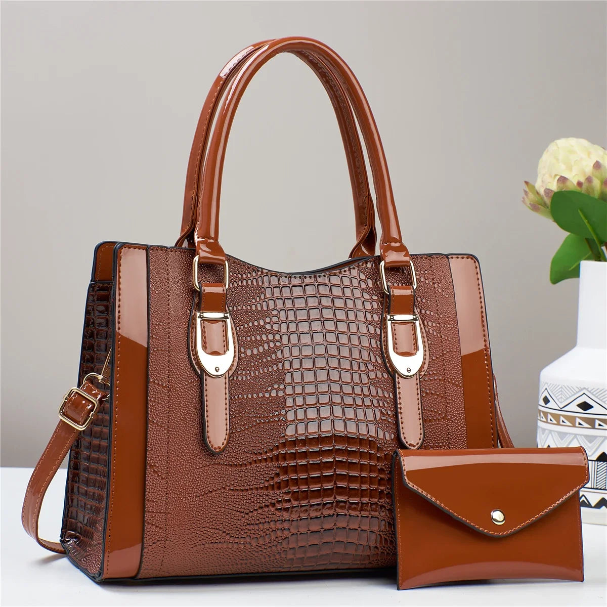 2-Piece Glossy Crocodile Pattern Handbag Set – Tote & Crossbody with Mini Purse