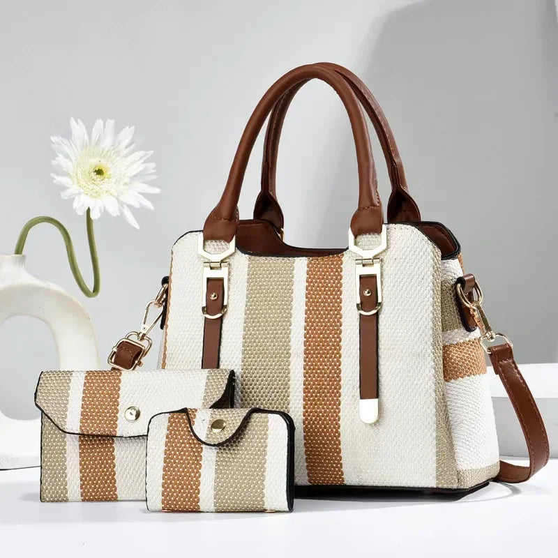 Luxury Striped Designer Handbag with Matching Wallet – Elegant Large-Capacity Shoulder & Crossbody Bag