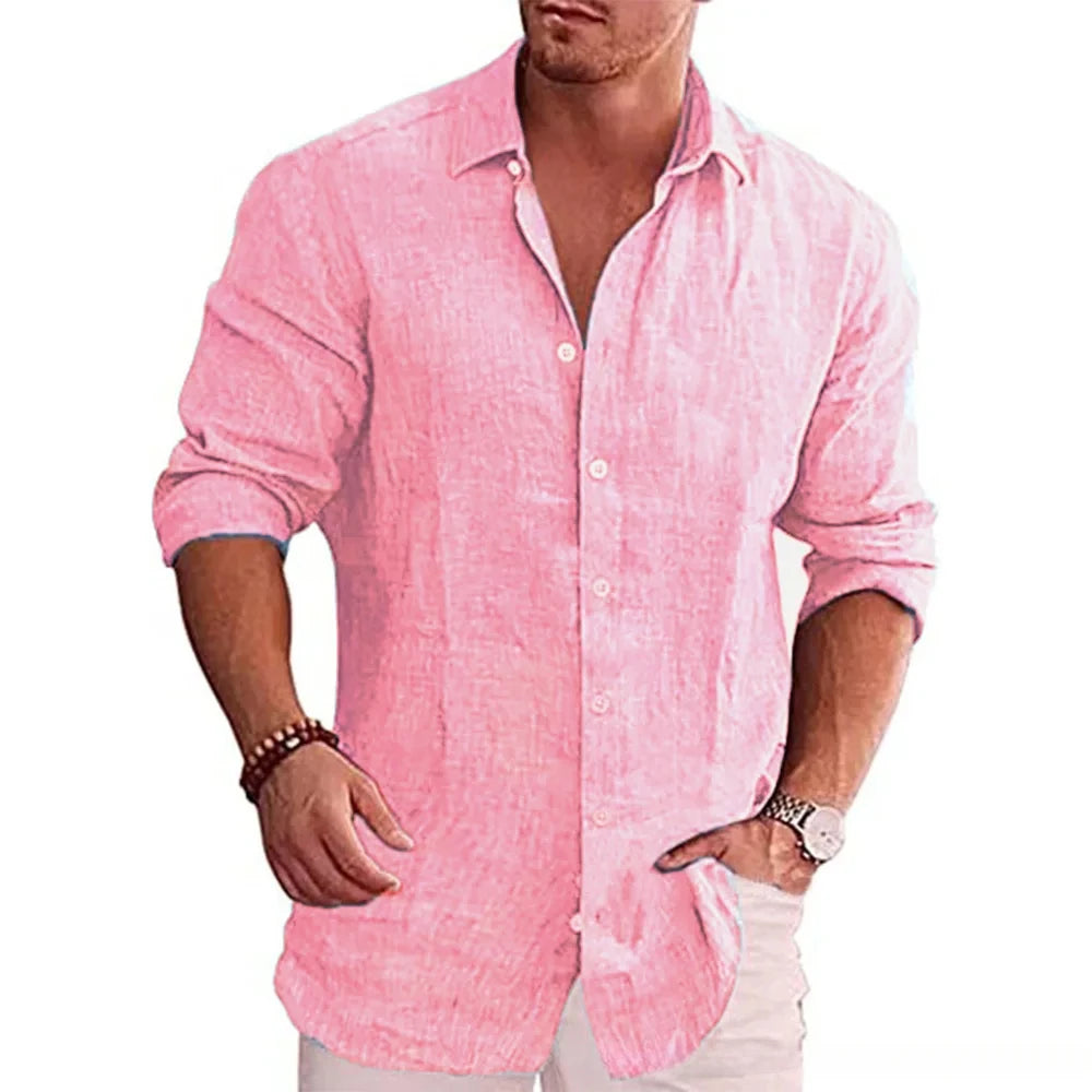 Men's Casual Long Sleeve Cotton Linen Shirt – Solid Color, Plus Size, Autumn Style
