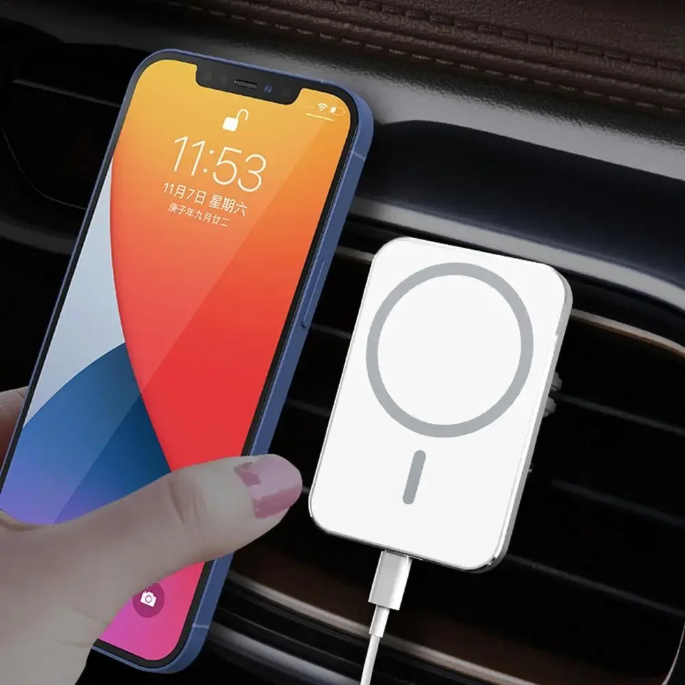 Carregador Magnético sem Fio 15W Qi + MagSafe para iPhone 12/13 Pro – Montagem em Ventilação com USB-C e Rotação 360°"