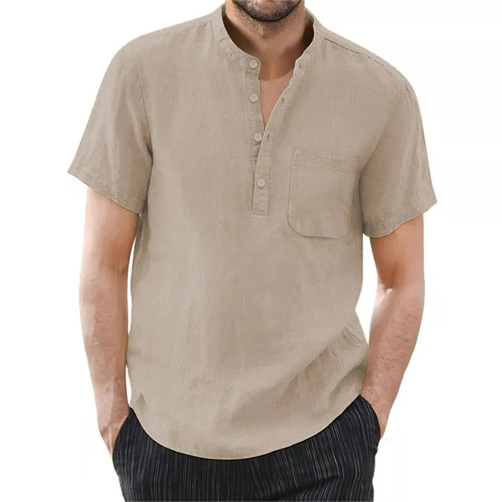 Men's Cotton and Linen Short Sleeve T-Shirt – Solid Color, Casual & Breathable Summer Shirt
