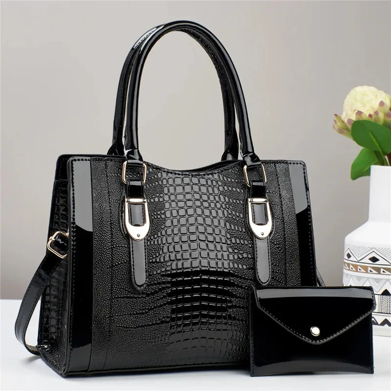 2-Piece Glossy Crocodile Pattern Handbag Set – Tote & Crossbody with Mini Purse