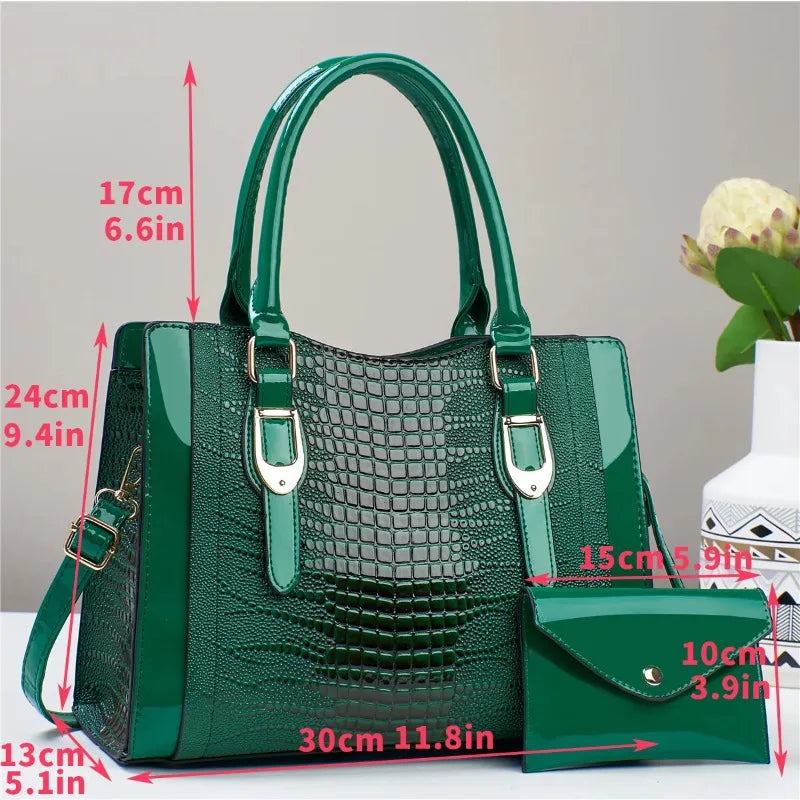 2-Piece Glossy Crocodile Pattern Handbag Set – Tote & Crossbody with Mini Purse