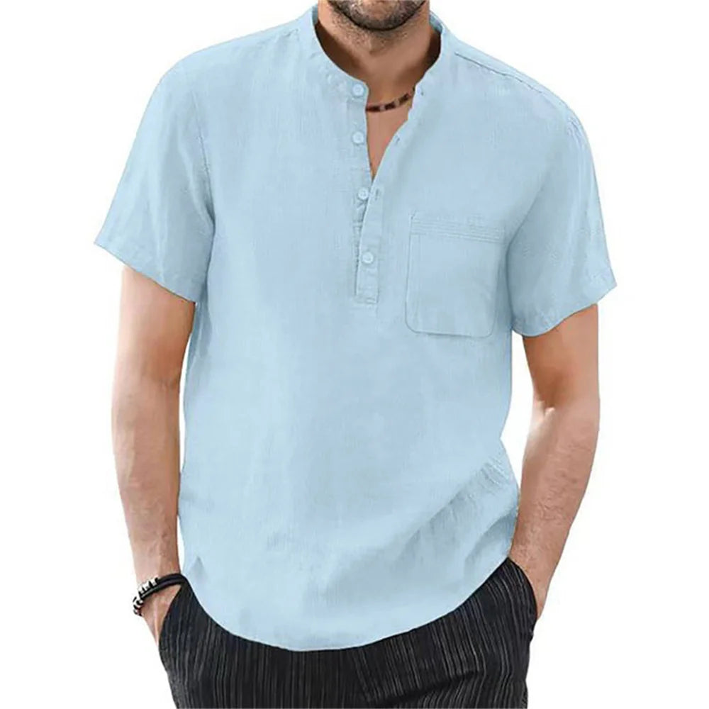 Men's Cotton and Linen Short Sleeve T-Shirt – Solid Color, Casual & Breathable Summer Shirt