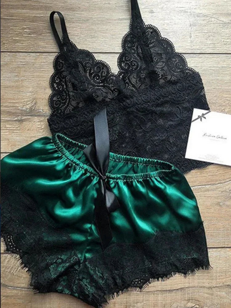 Women's Sexy Lace Pajama Set: Sleeveless V-Neck Top & Shorts