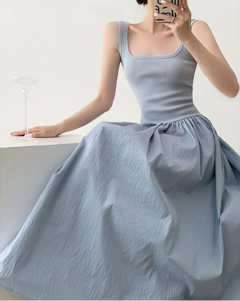 Square Neck Solid Casual Midi Vestido Feminino Tricot Azul com Alças Finas – Estilo Coreano, Patchwork, Sensual e Elegante