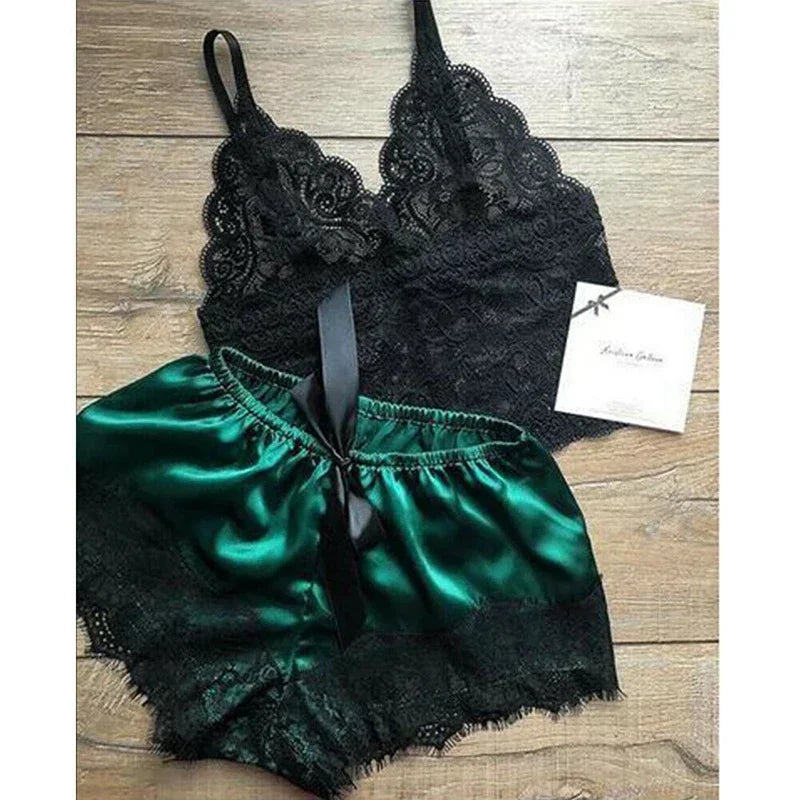 Women's Sexy Lace Pajama Set: Sleeveless V-Neck Top & Shorts