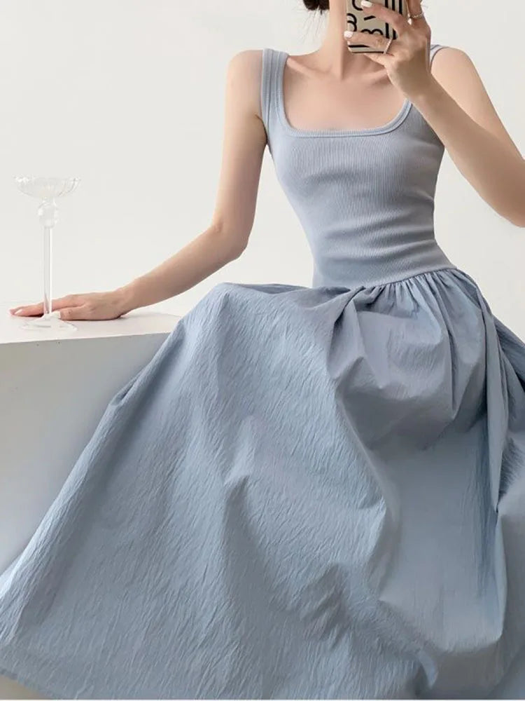 Square Neck Solid Casual Midi Vestido Feminino Tricot Azul com Alças Finas – Estilo Coreano, Patchwork, Sensual e Elegante