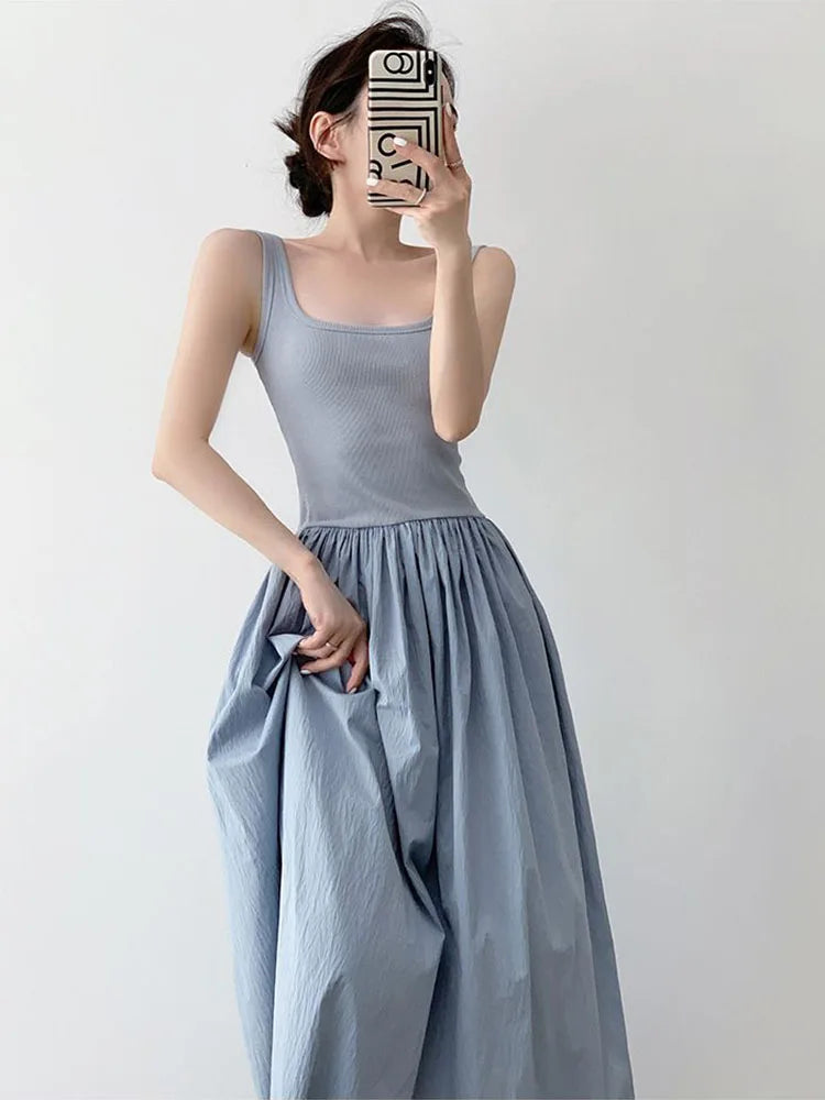 Square Neck Solid Casual Midi Vestido Feminino Tricot Azul com Alças Finas – Estilo Coreano, Patchwork, Sensual e Elegante
