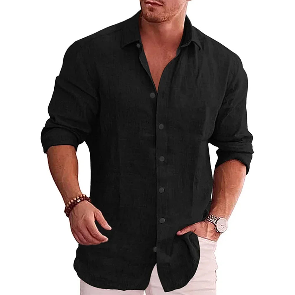 Men's Casual Long Sleeve Cotton Linen Shirt – Solid Color, Plus Size, Autumn Style
