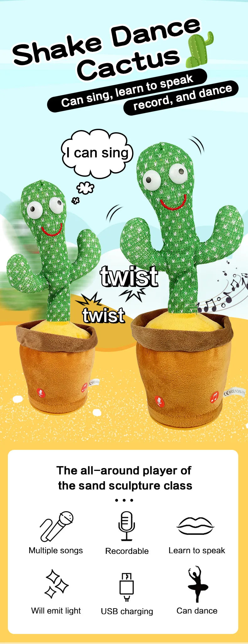 Cactus Dançante e Falante - Brinquedo Interativo que Canta, Repete Voz e Brilha