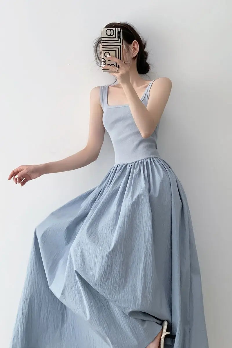 Square Neck Solid Casual Midi Vestido Feminino Tricot Azul com Alças Finas – Estilo Coreano, Patchwork, Sensual e Elegante