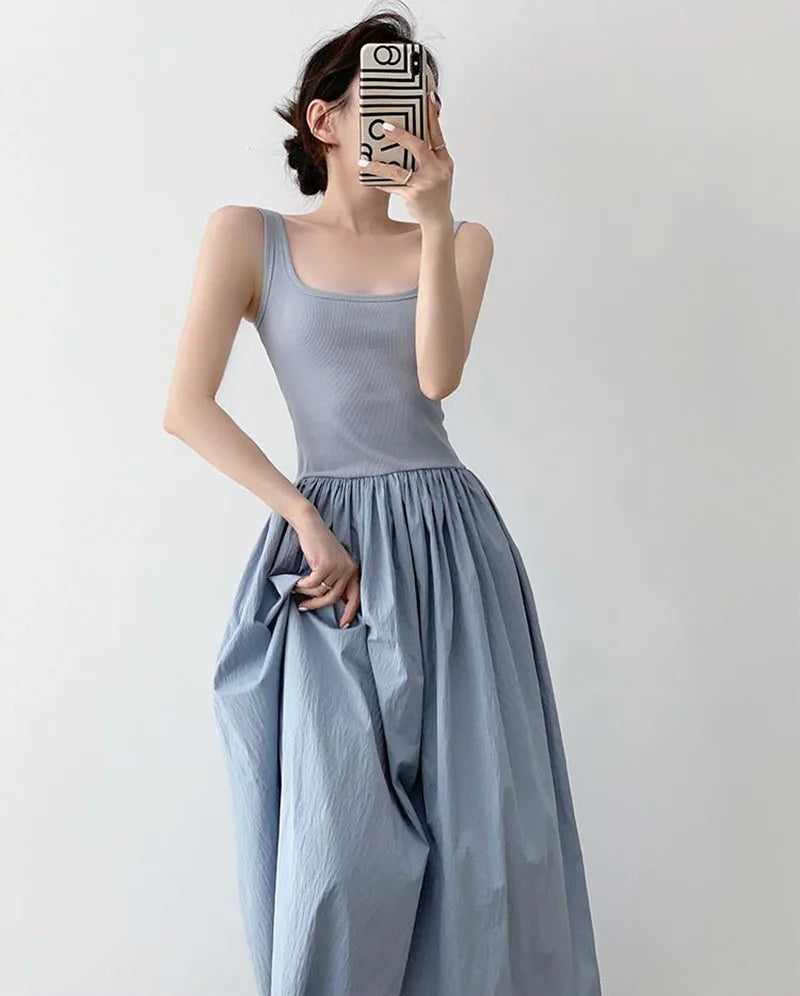 Square Neck Solid Casual Midi Vestido Feminino Tricot Azul com Alças Finas – Estilo Coreano, Patchwork, Sensual e Elegante