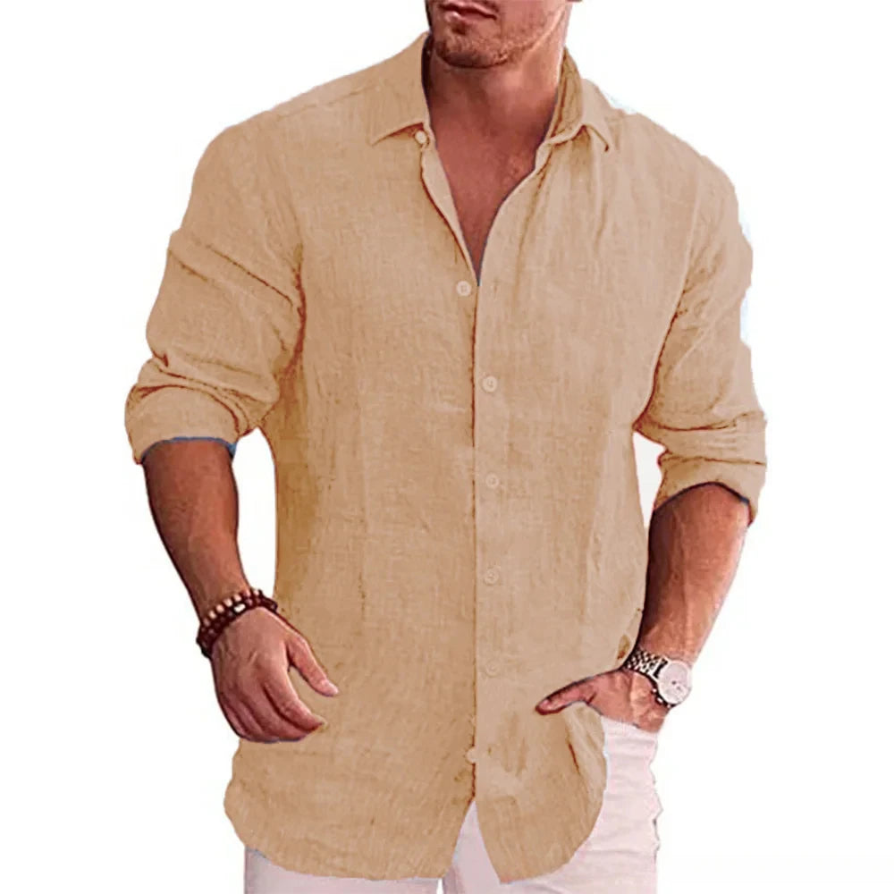 Men's Casual Long Sleeve Cotton Linen Shirt – Solid Color, Plus Size, Autumn Style