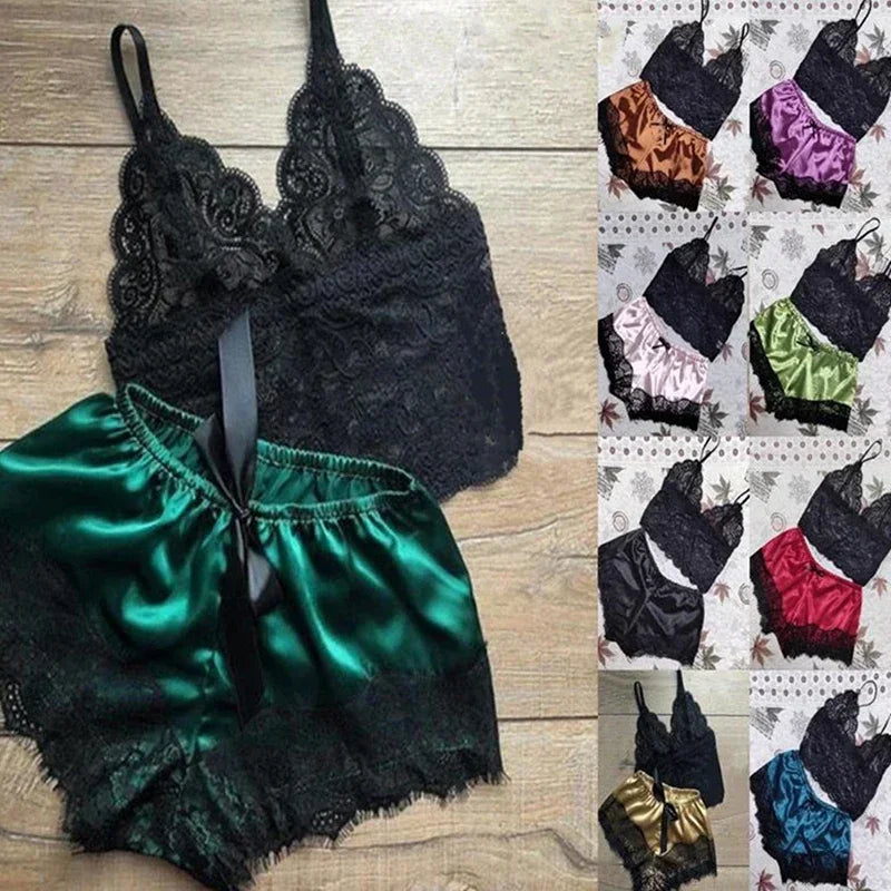 Women's Sexy Lace Pajama Set: Sleeveless V-Neck Top & Shorts