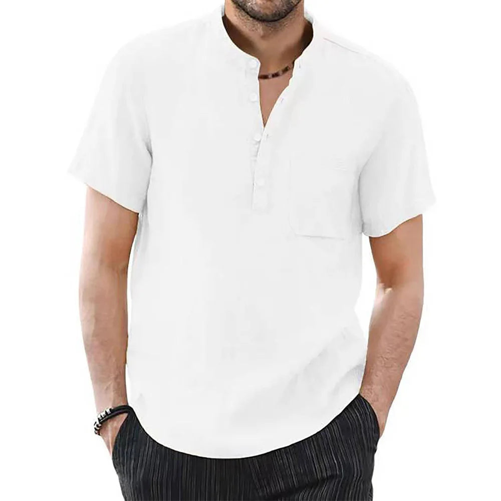Men's Cotton and Linen Short Sleeve T-Shirt – Solid Color, Casual & Breathable Summer Shirt
