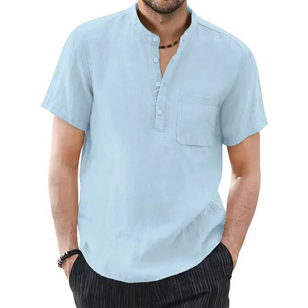 Men's Cotton and Linen Short Sleeve T-Shirt – Solid Color, Casual & Breathable Summer Shirt