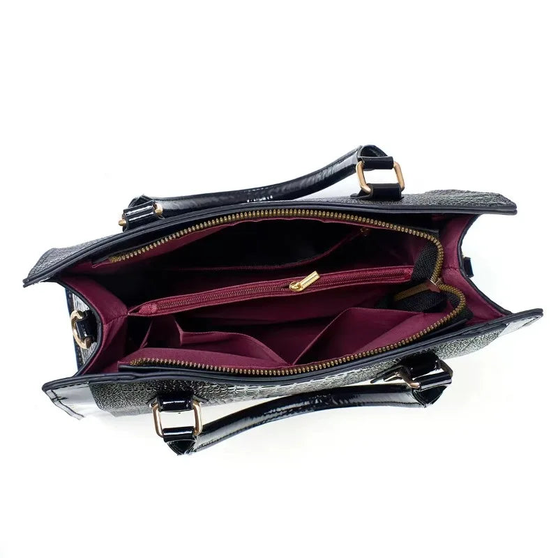 2-Piece Glossy Crocodile Pattern Handbag Set – Tote & Crossbody with Mini Purse