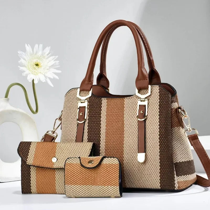 Luxury Striped Designer Handbag with Matching Wallet – Elegant Large-Capacity Shoulder & Crossbody Bag