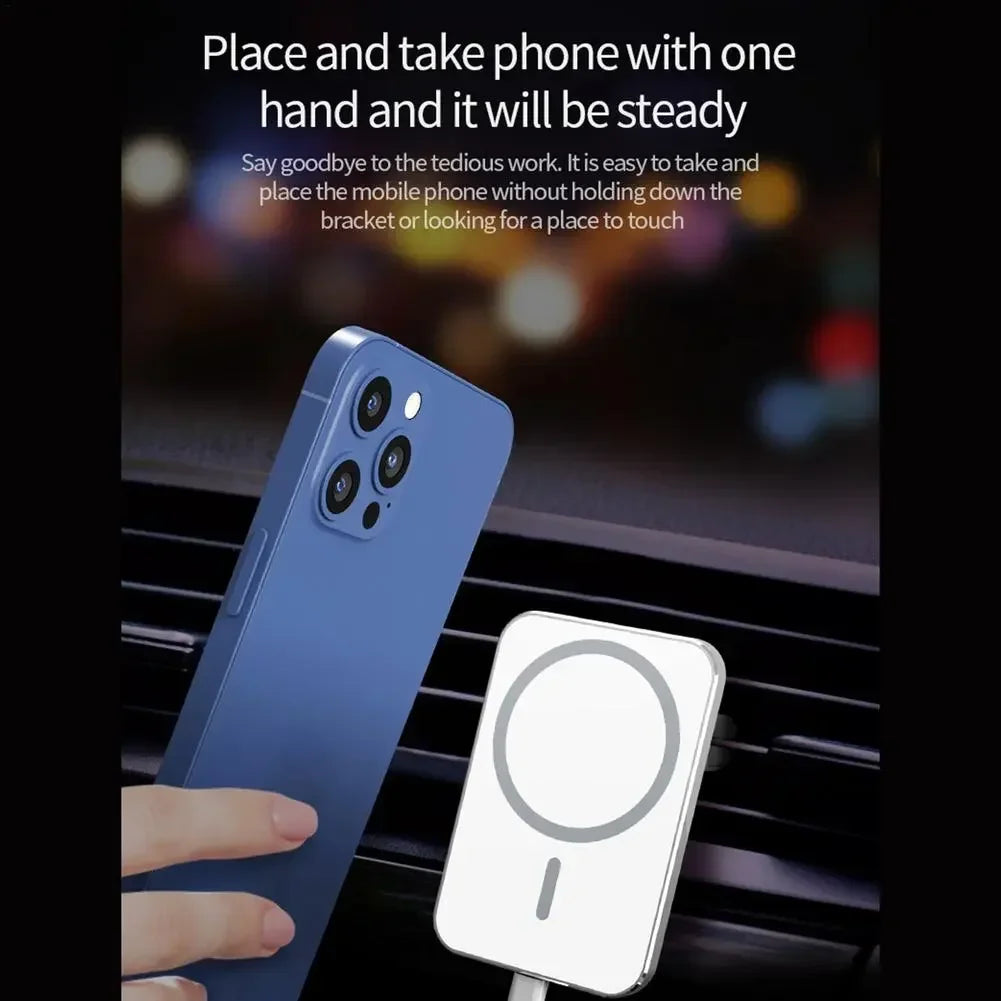 Carregador Magnético sem Fio 15W Qi + MagSafe para iPhone 12/13 Pro – Montagem em Ventilação com USB-C e Rotação 360°"