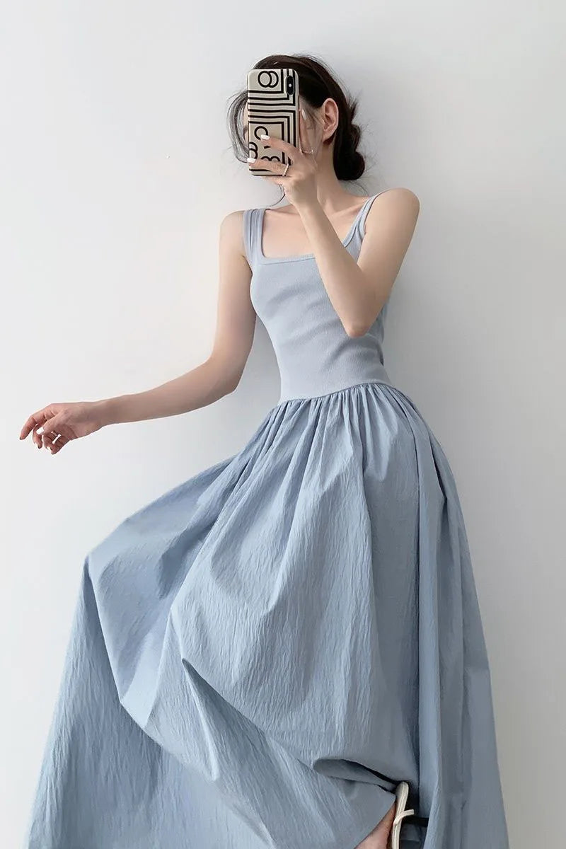 Square Neck Solid Casual Midi Vestido Feminino Tricot Azul com Alças Finas – Estilo Coreano, Patchwork, Sensual e Elegante