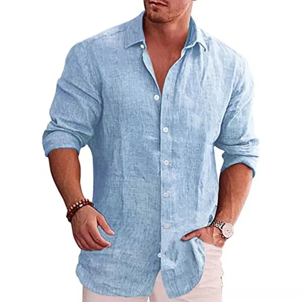 Men's Casual Long Sleeve Cotton Linen Shirt – Solid Color, Plus Size, Autumn Style