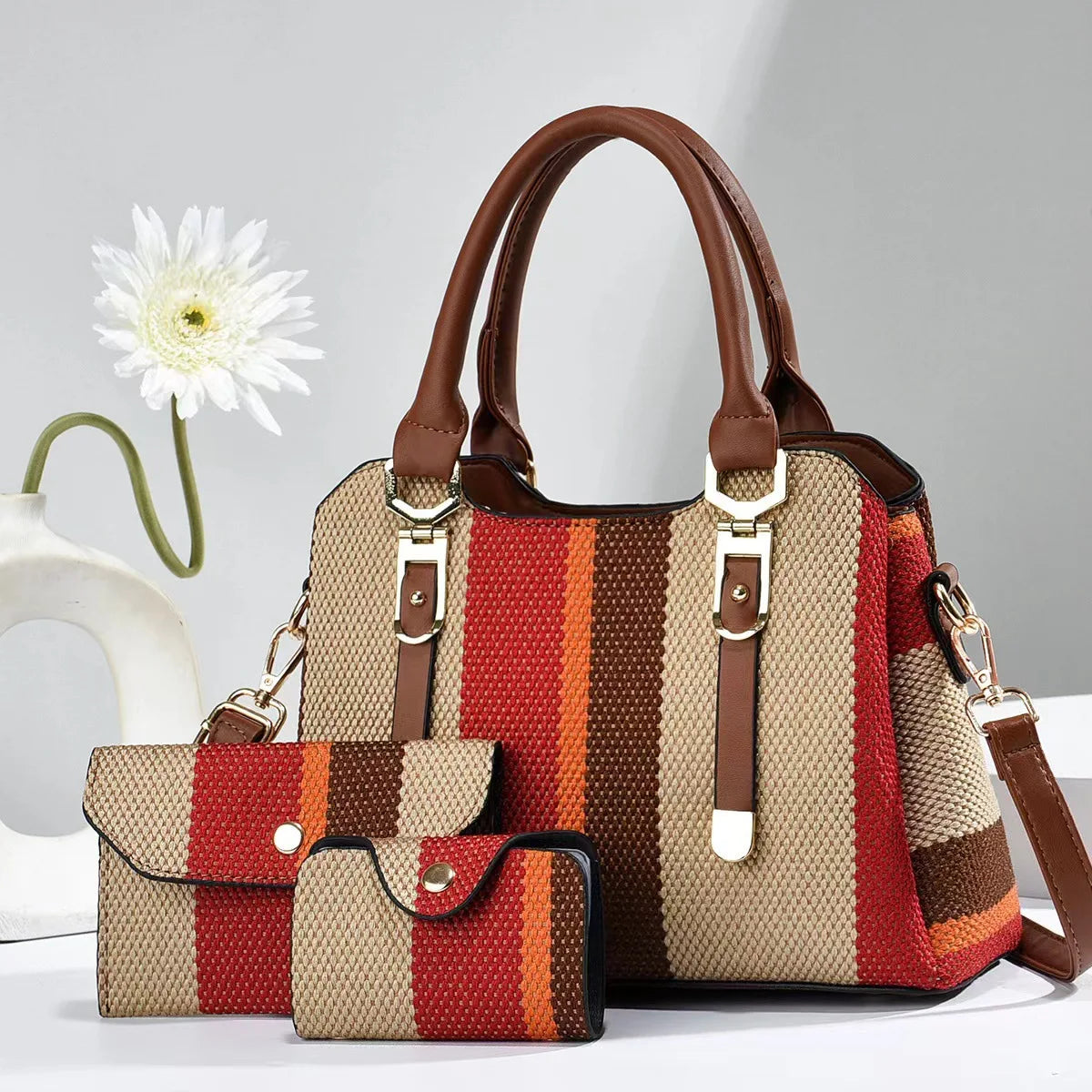 Luxury Striped Designer Handbag with Matching Wallet – Elegant Large-Capacity Shoulder & Crossbody Bag