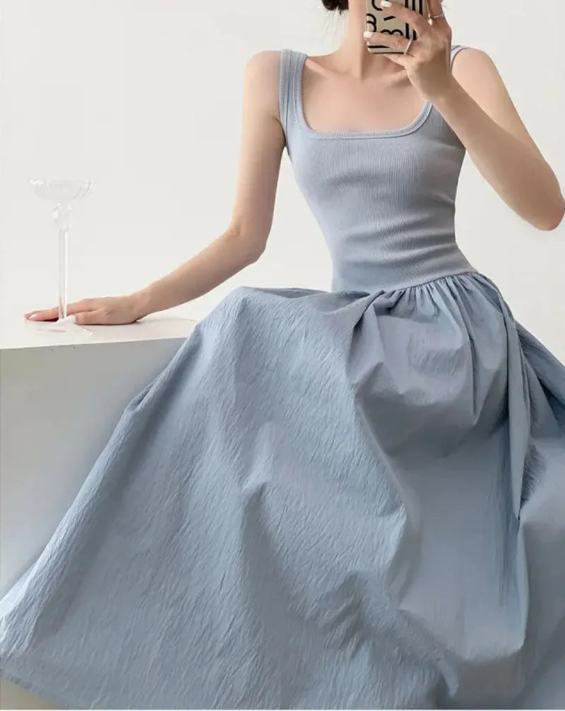 Square Neck Solid Casual Midi Vestido Feminino Tricot Azul com Alças Finas – Estilo Coreano, Patchwork, Sensual e Elegante
