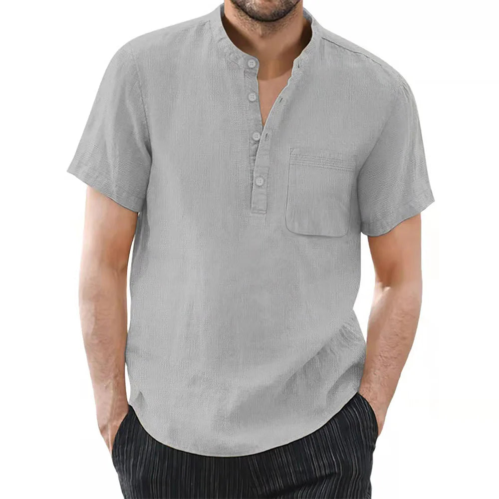 Men's Cotton and Linen Short Sleeve T-Shirt – Solid Color, Casual & Breathable Summer Shirt