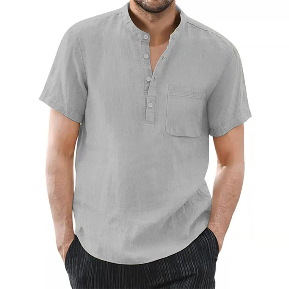 Men's Cotton and Linen Short Sleeve T-Shirt – Solid Color, Casual & Breathable Summer Shirt