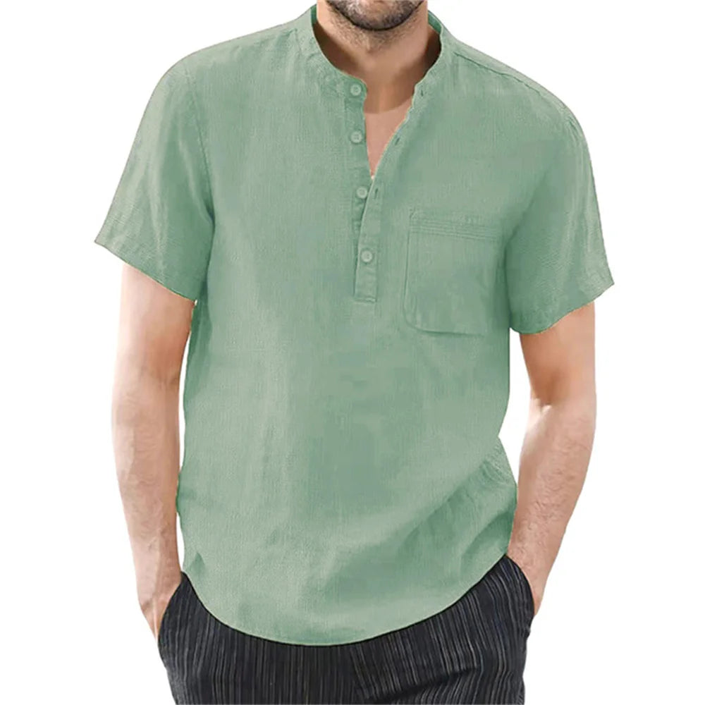 Men's Cotton and Linen Short Sleeve T-Shirt – Solid Color, Casual & Breathable Summer Shirt
