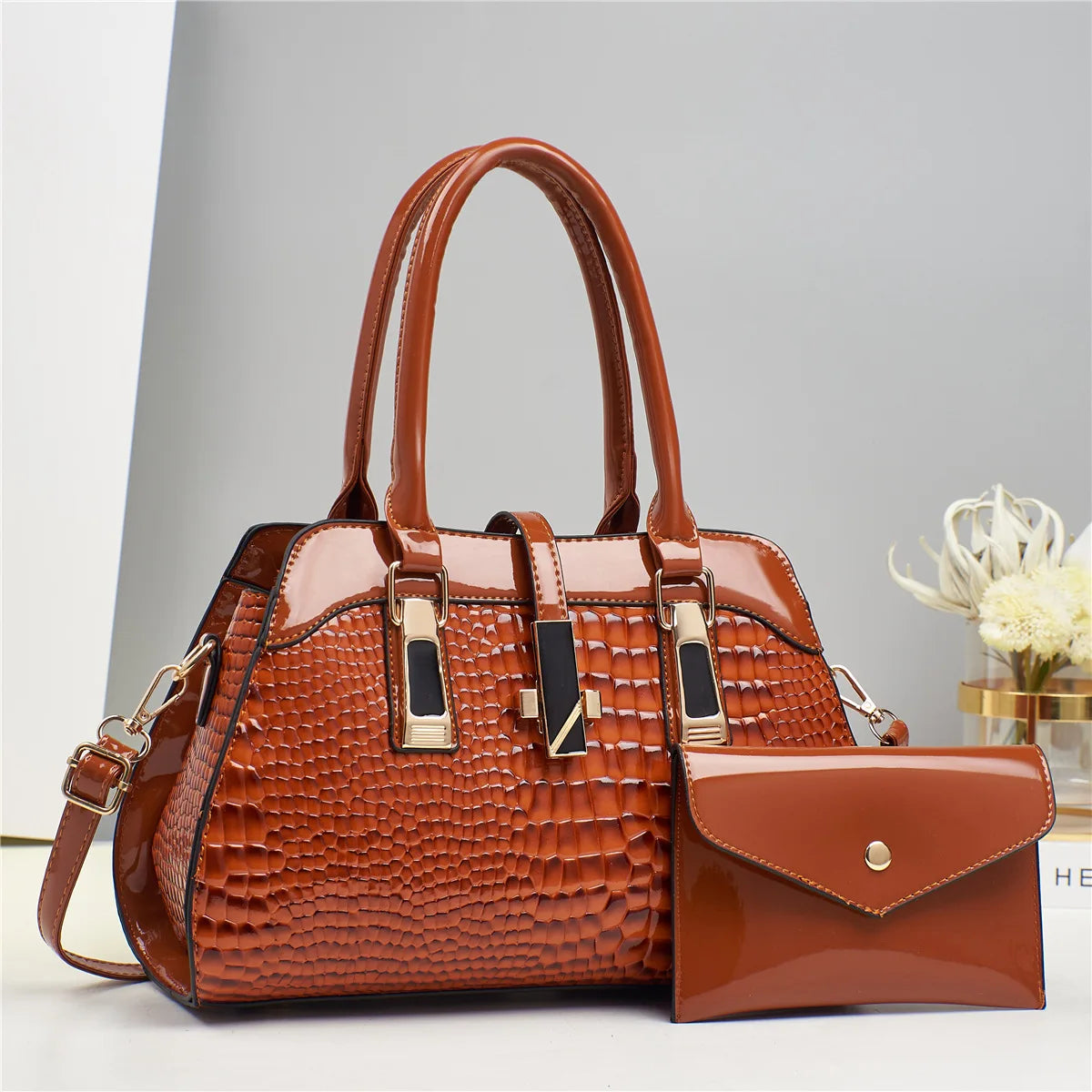 Luxury 2-Layer Crocodile Pattern Boston Tote – Designer Large Capacity Shoulder Handbag for Women