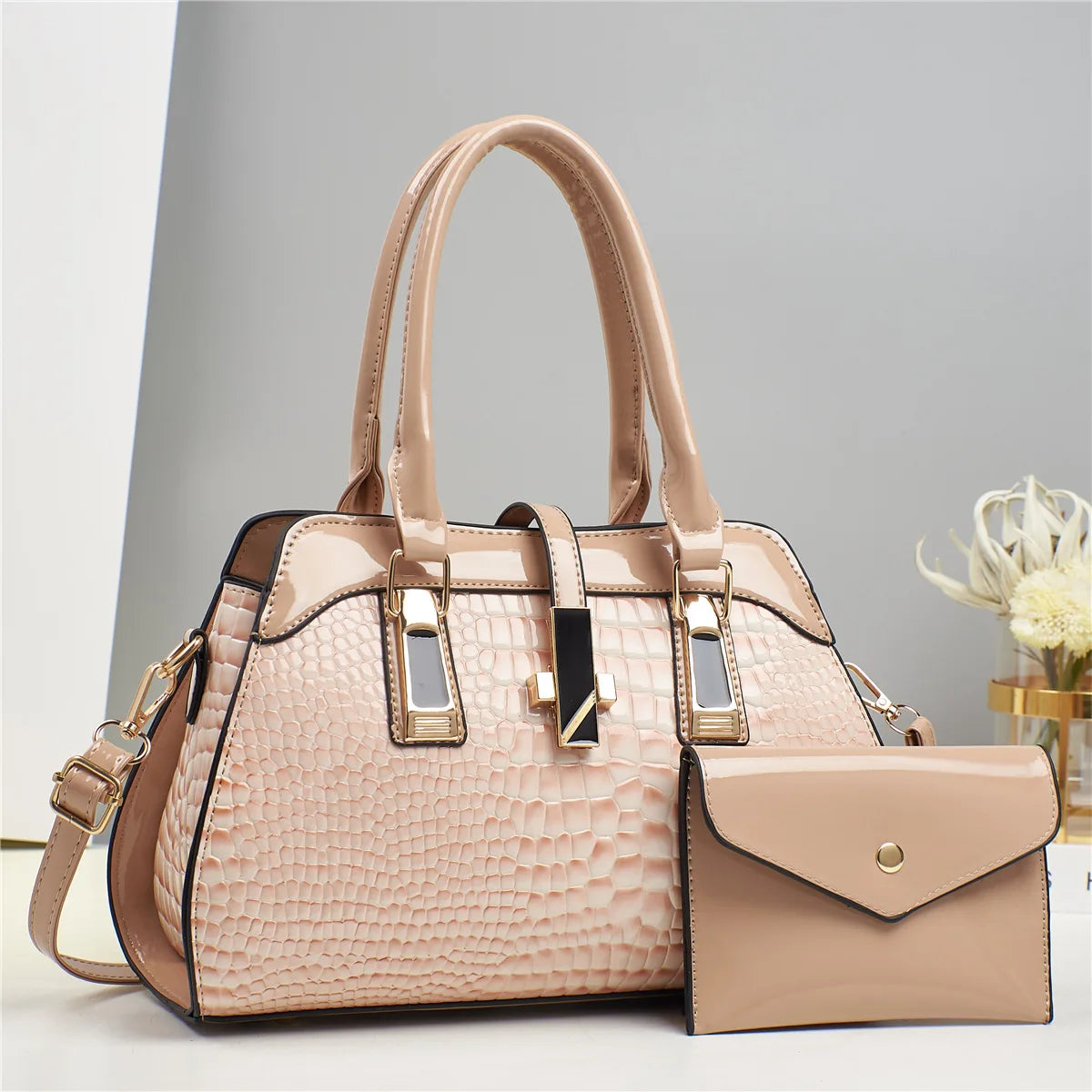 Luxury 2-Layer Crocodile Pattern Boston Tote – Designer Large Capacity Shoulder Handbag for Women