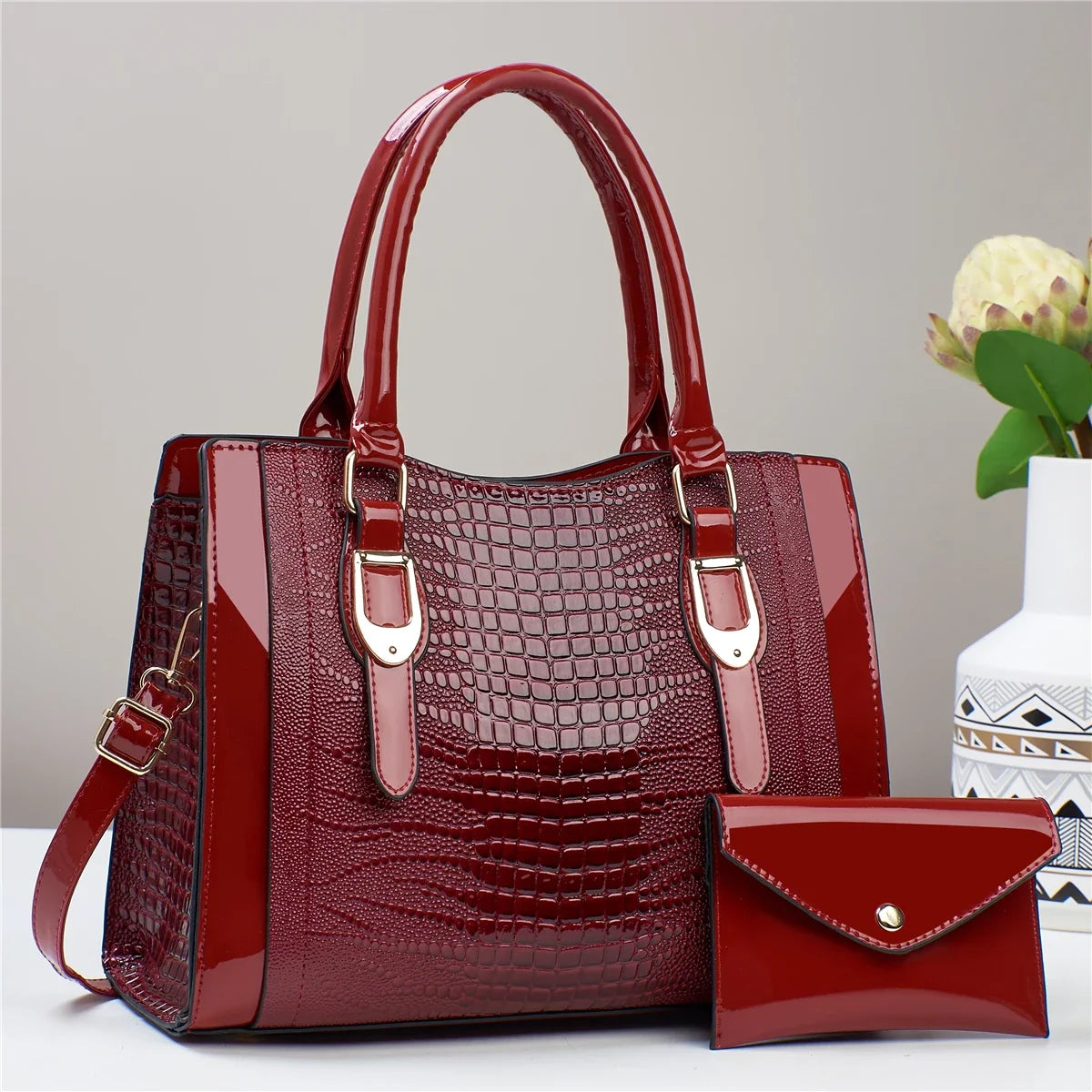 2-Piece Glossy Crocodile Pattern Handbag Set – Tote & Crossbody with Mini Purse