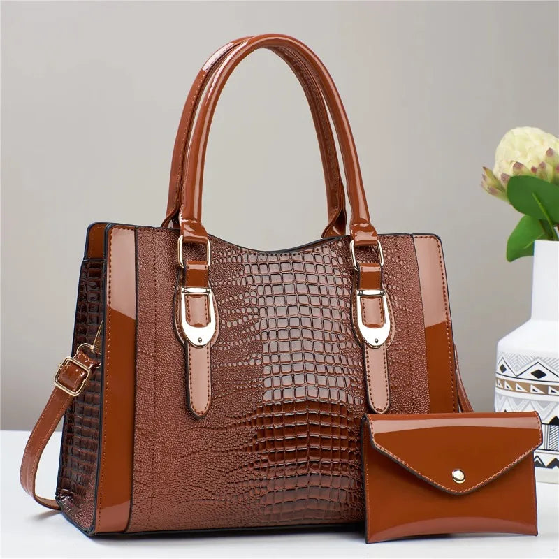 2-Piece Glossy Crocodile Pattern Handbag Set – Tote & Crossbody with Mini Purse