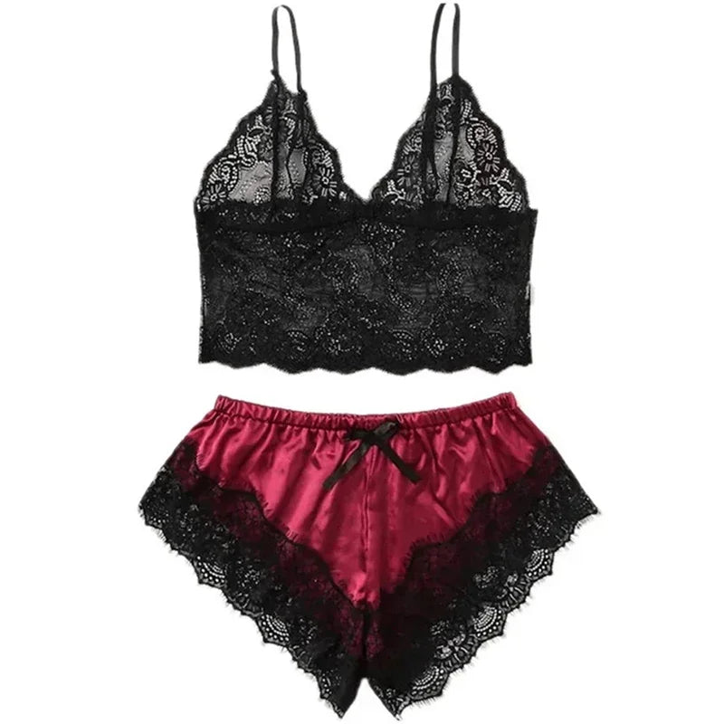 Women's Sexy Lace Pajama Set: Sleeveless V-Neck Top & Shorts