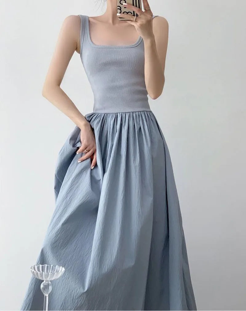 Square Neck Solid Casual Midi Vestido Feminino Tricot Azul com Alças Finas – Estilo Coreano, Patchwork, Sensual e Elegante