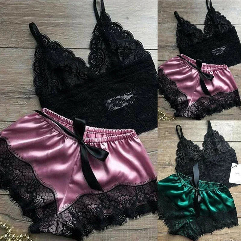 Women's Sexy Lace Pajama Set: Sleeveless V-Neck Top & Shorts