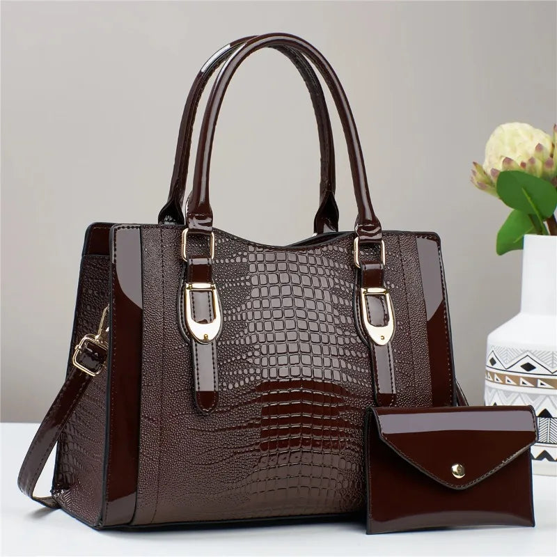 2-Piece Glossy Crocodile Pattern Handbag Set – Tote & Crossbody with Mini Purse