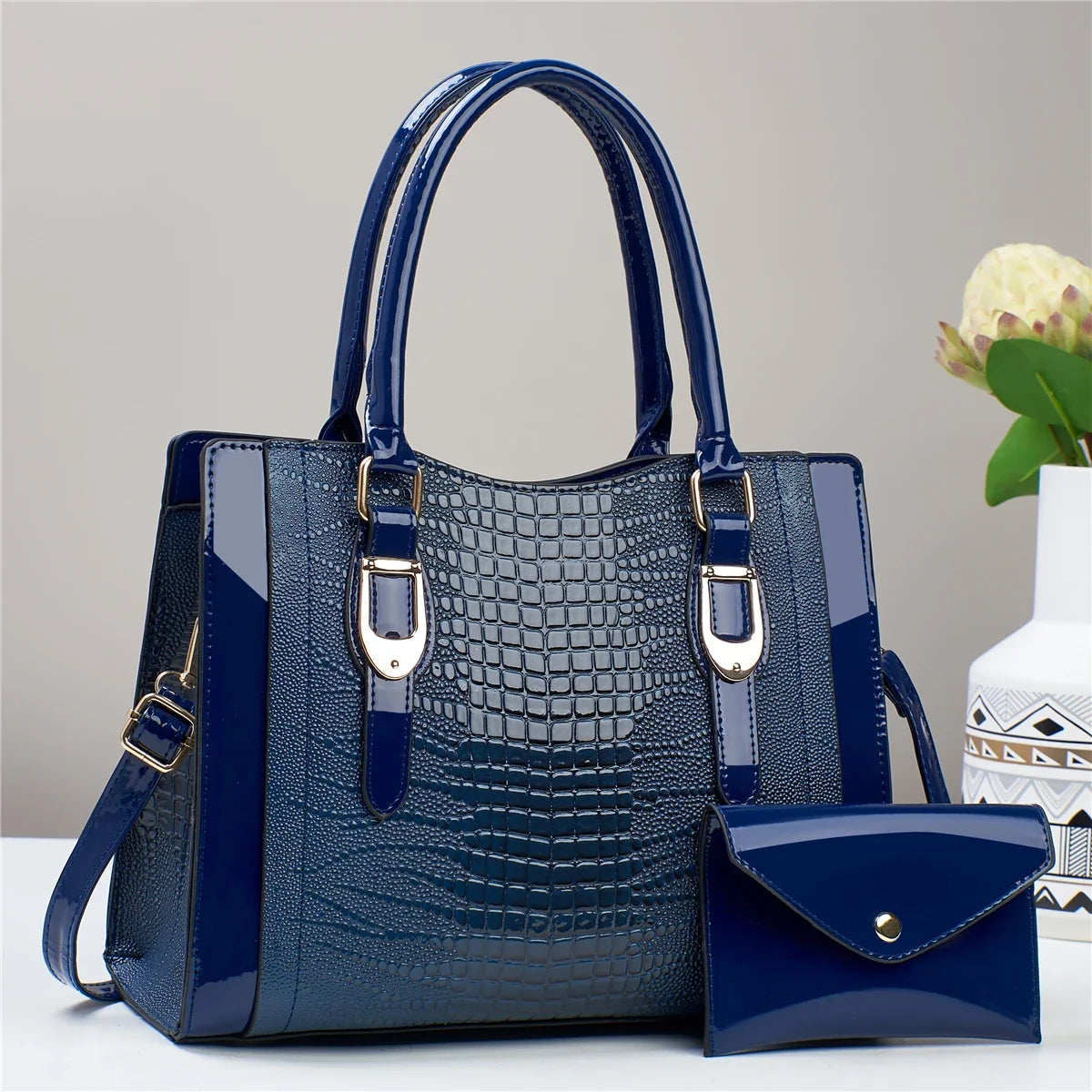 2-Piece Glossy Crocodile Pattern Handbag Set – Tote & Crossbody with Mini Purse