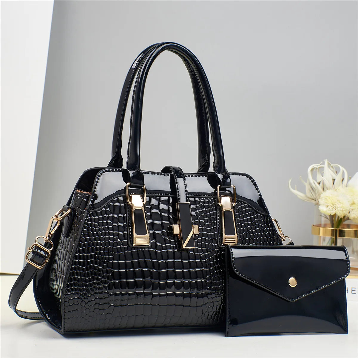 Luxury 2-Layer Crocodile Pattern Boston Tote – Designer Large Capacity Shoulder Handbag for Women