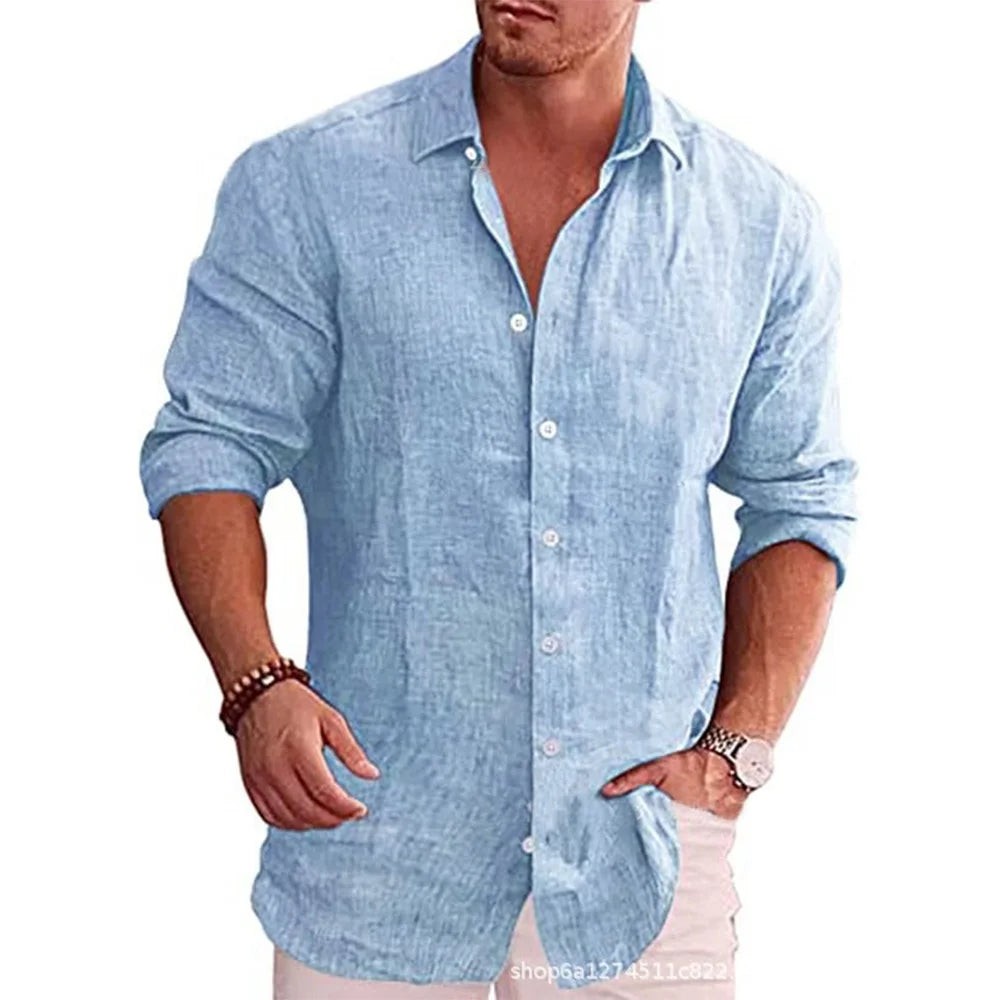 Men's Casual Long Sleeve Cotton Linen Shirt – Solid Color, Plus Size, Autumn Style