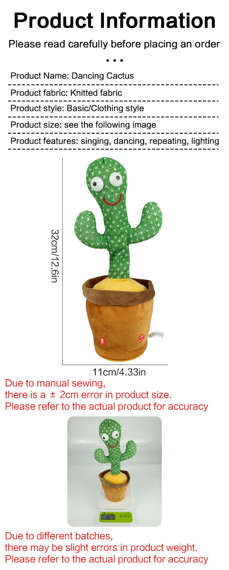 Cactus Dançante e Falante - Brinquedo Interativo que Canta, Repete Voz e Brilha